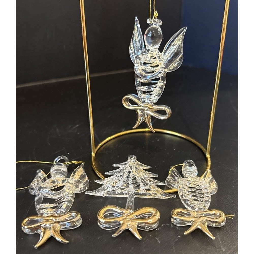 Hand Blown Spun Glass Christmas Tree Angel Ornaments Gold Trim Set Of 4 Vintage‎